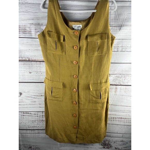 NY Sake Linen Blend Dress Womens 12 Green Midi Sleeveless Button Front - Picture 1 of 8
